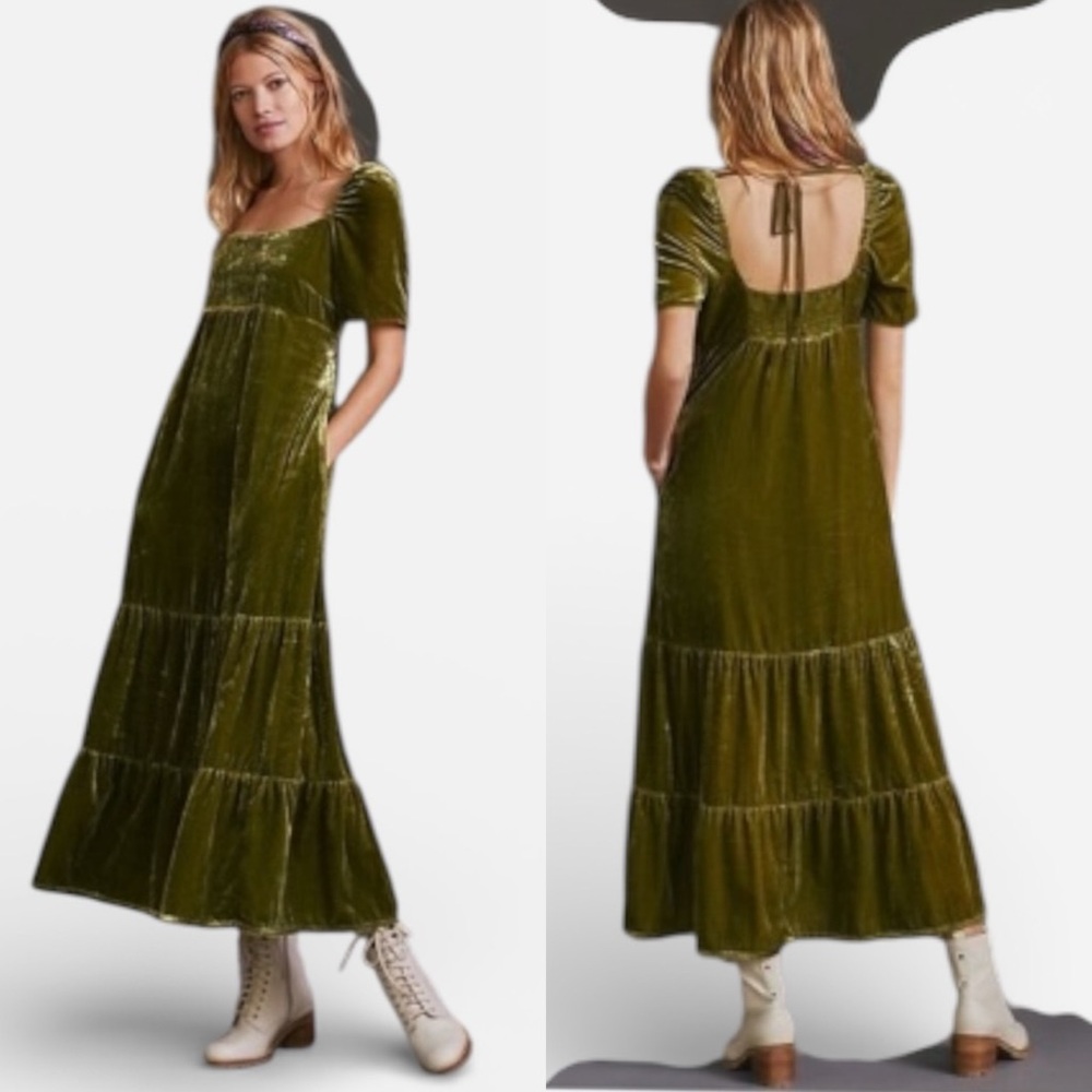 NWOT Anthropologie Olive Velvet Maxi Dress Size 0